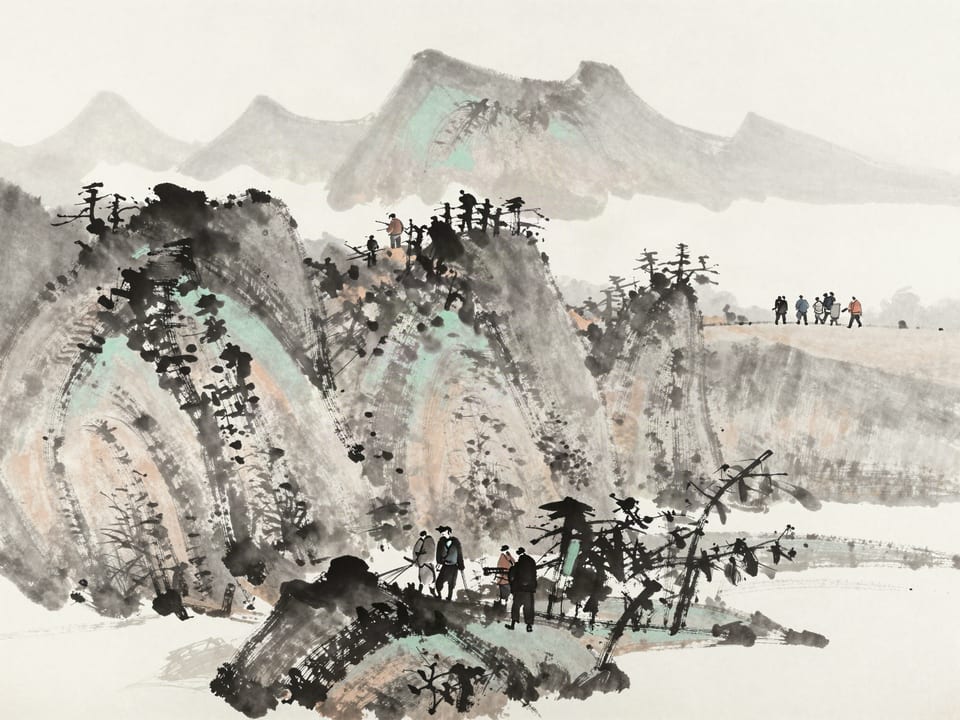Ink wash painting: A column of travelers on a high mountain path no map shows, appearing above the guarded valley.