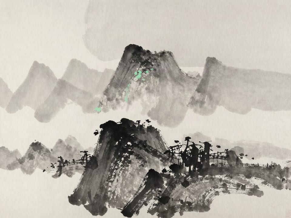 Ink wash painting: Clouds reshaping over a mountain, the peak the same, the sky never twice alike.