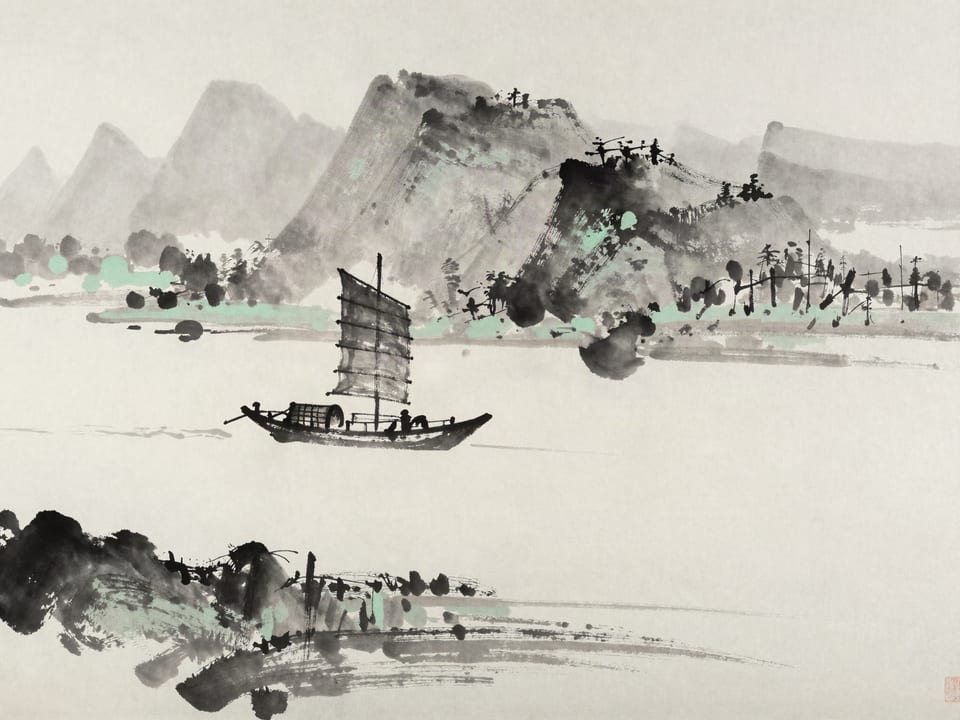 Ink wash painting: A boat gliding across an empty stretch of river, sails full, no other craft in sight.