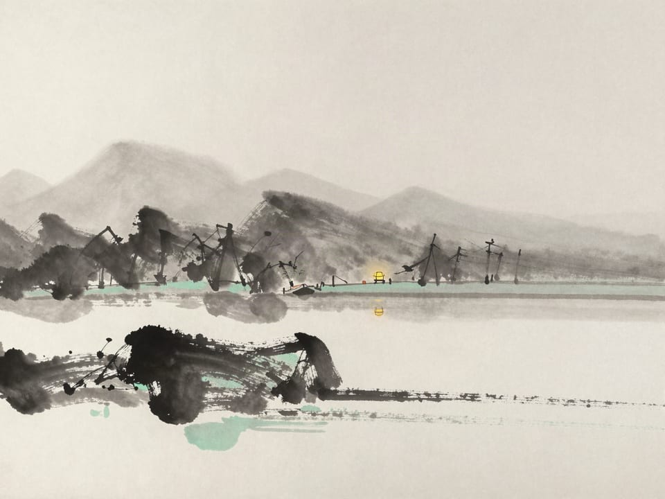 Ink wash painting: A lake at night hiding where the shore lies, lanterns on the far bank only hints.