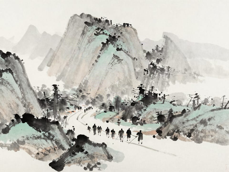 Ink wash painting: A mountain road washed out ahead of a marching column, the pass unforced.
