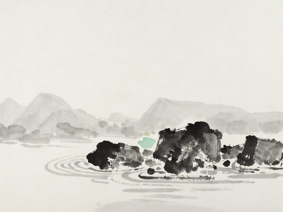 Ink wash painting: A stone dropped into a pond, the ripples revealing every rock beneath the surface.