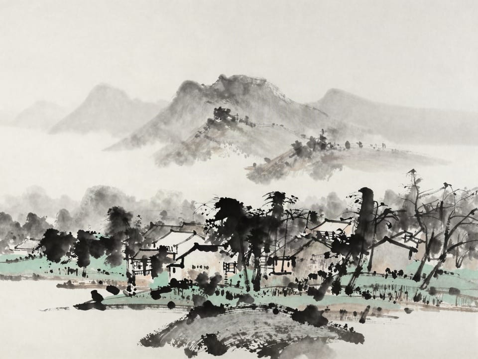 Ink wash painting: Fog rolling over a coastline, hiding from the village which shore it will touch.