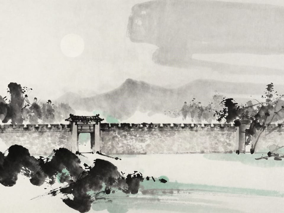 Ink wash painting: A garden wall with guards at the great gate and a low unwatched stretch in the moonlight.