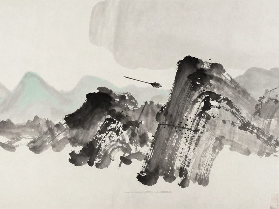 Ink wash painting: An arrow in flight finding the one gap between a suit of armor’s plates.