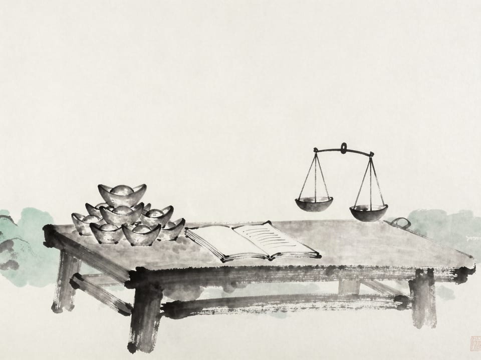 Ink wash painting: A stack of silver ingots on a quartermaster’s table, an open ledger beside them, scales waiting.