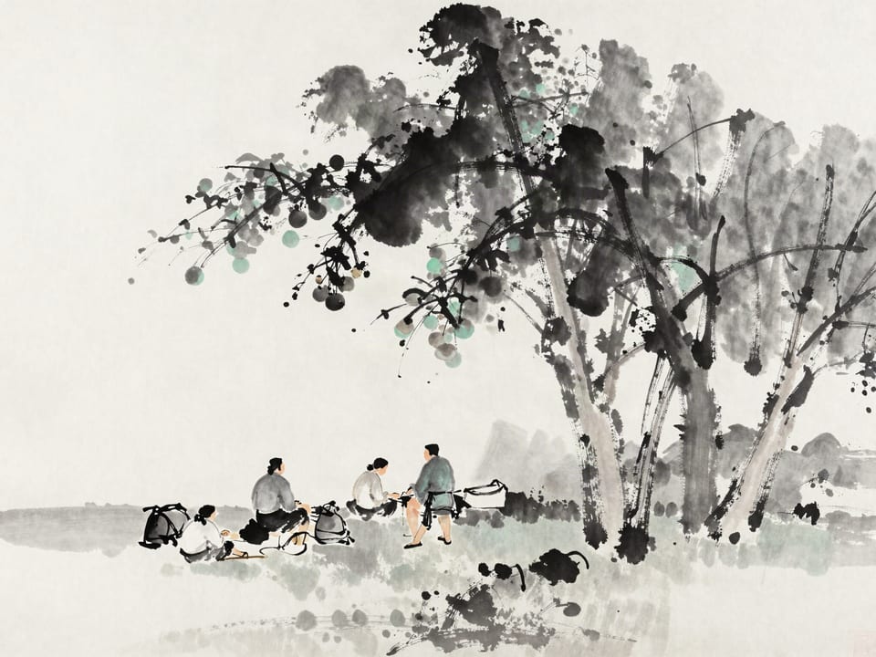 Ink wash painting: Travelers gathering fruit from wild trees along the road, their empty packs laid open.
