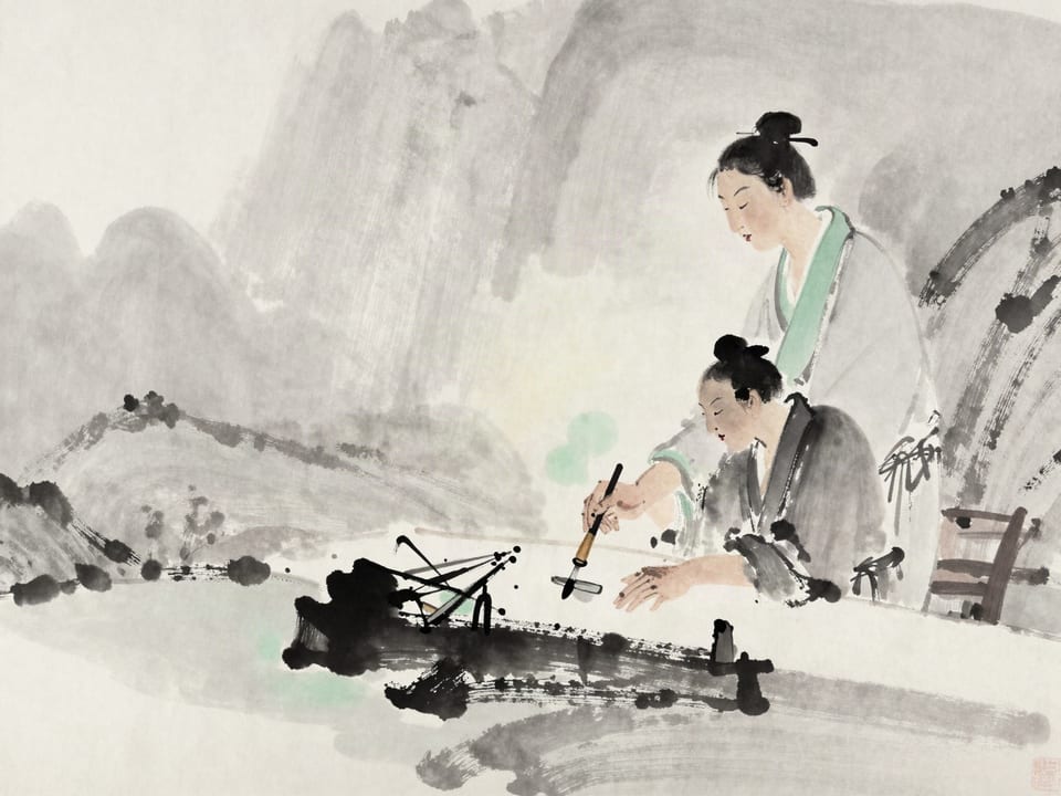 Ink wash painting: A physician studying a wound carefully by lamplight before choosing from a row of instruments.
