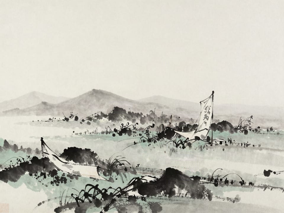Ink wash painting: A scorched battlefield overgrown with weeds, both banners lying torn in the grass.