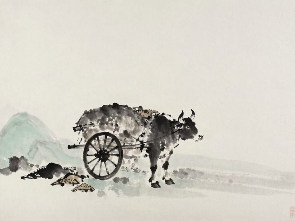 Ink wash painting: An ox cart loaded high with grain standing beside a small pile of loose handfuls on the ground.