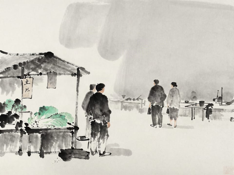 Ink wash painting: A market stall where a single cabbage sits beneath a high price tag, buyers turning away.