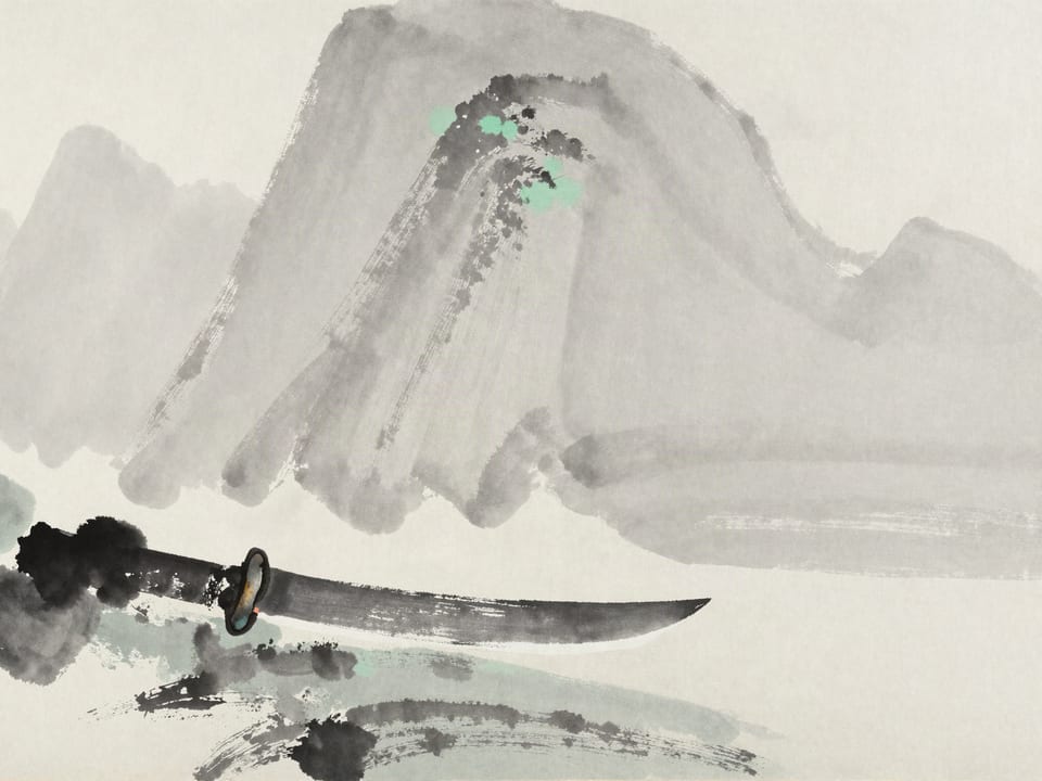 Ink wash painting: A once-sharp blade left out in the rain, rust blooming along its edge.