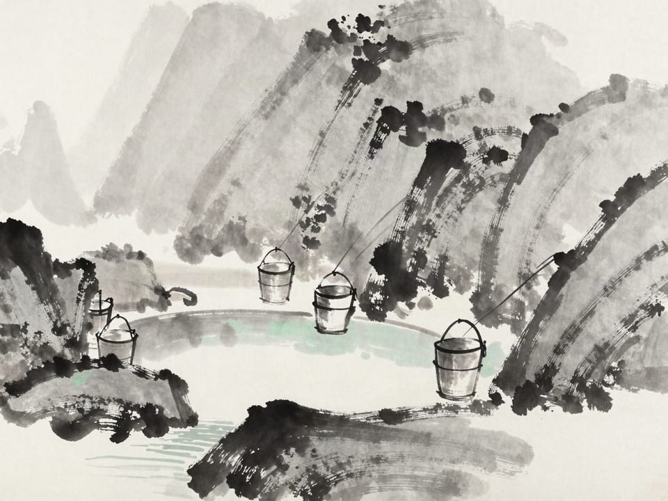 Ink wash painting: A deep well being drawn by many buckets, the water line sinking low against the stones.