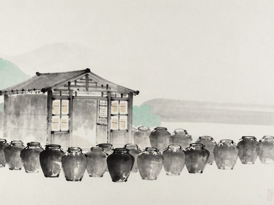 Ink wash painting: A storehouse sealed with paper seals over the doors, grain jars full and ranked in rows.